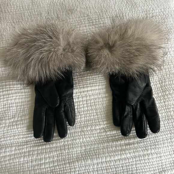 Jonevon Ltd Women’s Black Lambskin Leather Cashmere Lined Gloves Fur Trim 8 1/2 - Picture 6 of 6